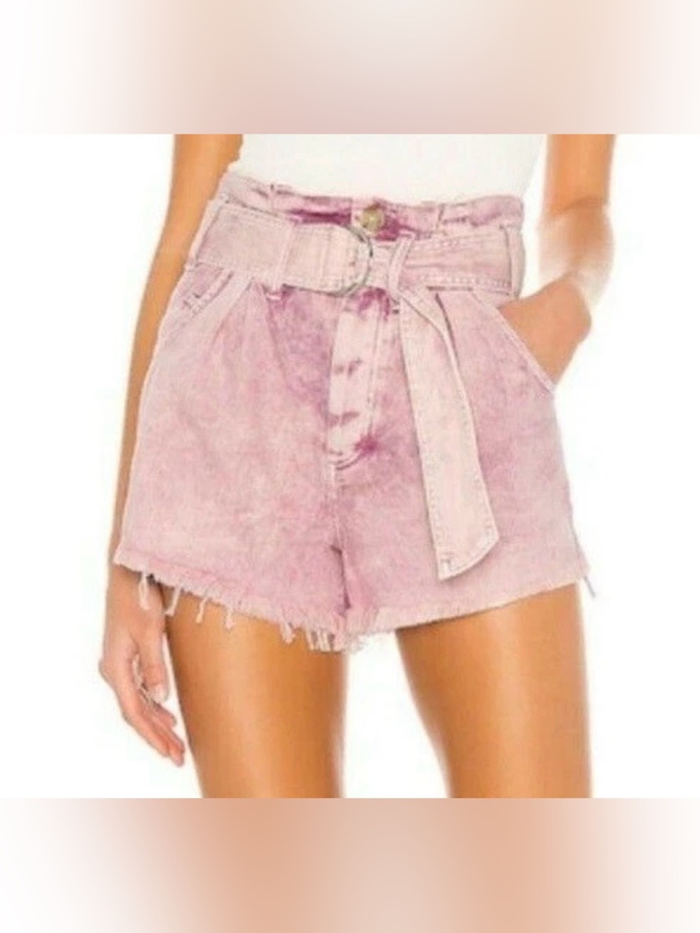 NWT Free People See You Sometime Denim Pink Cut Off Shorts Belted Fray Hem XL - Picture 2 of 11